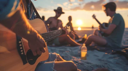 Fotobehang Friends enjoy a beachside acoustic jam at sunset with guitars © Georgii