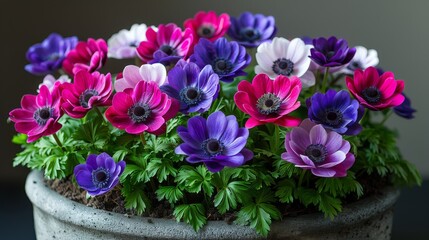   A close-up photo of a potted plant with purple, pink, and white flowers at its top