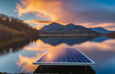 Floating solar panels cell platform system on lake. Safe energy generation