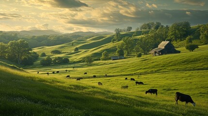 A serene landscape showcasing a rustic farmhouse with a red roof, surrounded by green pastures and grazing cattle under a dramatic stormy sky. Resplendent. - obrazy, fototapety, plakaty