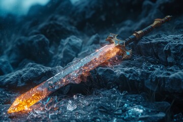 Enchanted Sword Radiating Heat Amidst Frosty Rocks During Twilight - obrazy, fototapety, plakaty