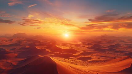 Aerial view of sahara desert at sunrise with camel silhouette and undulating dunes - obrazy, fototapety, plakaty