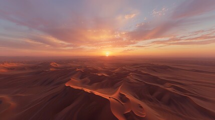 Sahara desert sunrise  aerial view of camel silhouette on dunes in photorealistic detail