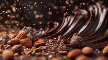 close up of chocolate splashing with almonds and chocolate pieces on black background - obrazy, fototapety, plakaty