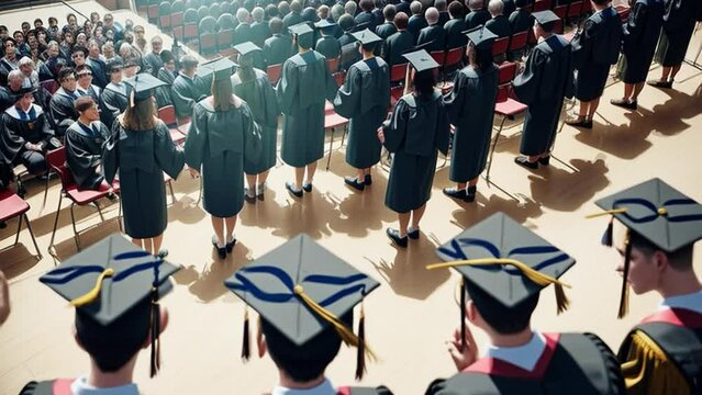 Graduates in blue gowns and caps stand facing the stage in a commencement ceremony.