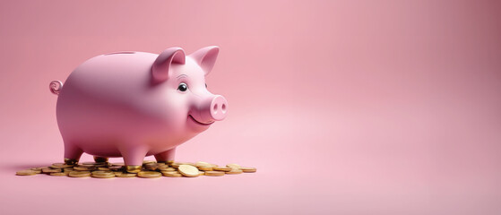 Smiling Pink Piggy Bank Standing on Pile of Gold Coins - Financial Savings Concept, Ideal for Banking Logos, Web Icons, and Copy Space Templates
