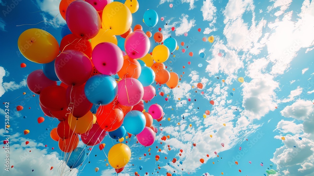 Poster a group of balloons drifting against a blue sky with fluffy clouds as the backdrop