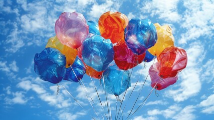   A group of vibrant balloons floating in mid-air against a blue sky and cloudy backdrop