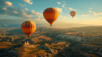 Hot air balloons drifting over a patchwork landscape - obrazy, fototapety, plakaty