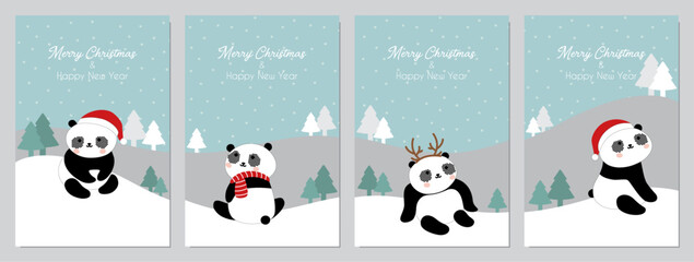 Merry Christmas & Happy New Year Card Set Of Panda Vector Illustration