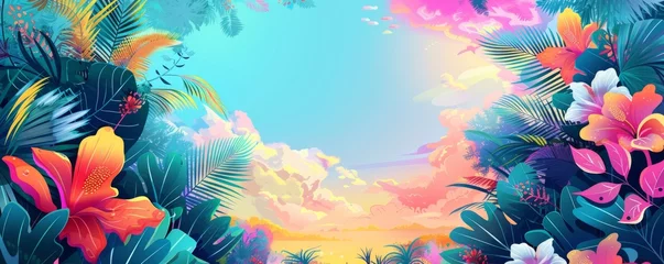 Poster tropical floral landscape with sky background, bright colors Generative AI © SKIMP Art