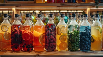 a row of bottles with various fruits and liquid for "kombucha" drinks in a bar
