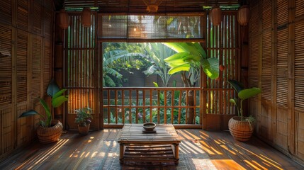 Vietnamese stilt house interior with bamboo walls, natural lighting techniques in hdr