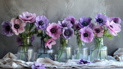   Row of vases with purple, pink flowers on white cloth table near gray wall