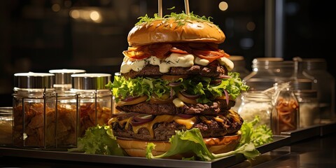 "Lawa Burger Elegance: Front View on a Stand. Culinary Bliss Unveiled, a Visual Feast of Flavorful Stacked Delights. 