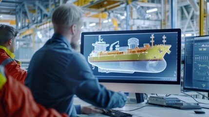 Engineers using digital twin technology for maritime design analysis - obrazy, fototapety, plakaty