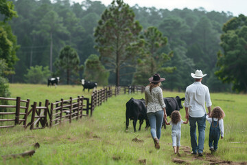 Family Stroll Through Countryside With Cattle