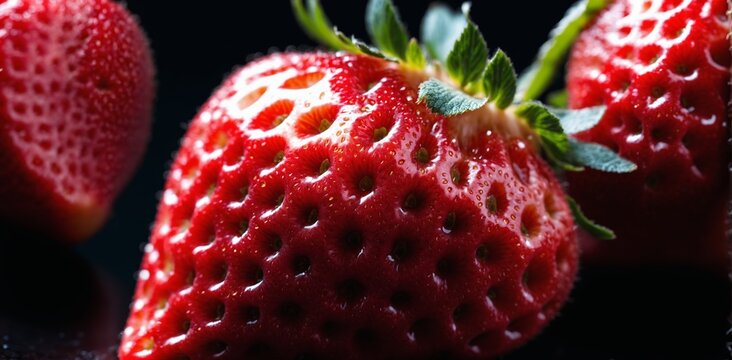 Strawberries on a black background, close-up, macro
