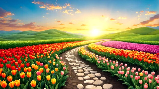 beautiful tulip fields with rows of colorful flowers at sunset. Seamless looping 4k time-lapse video animation background 