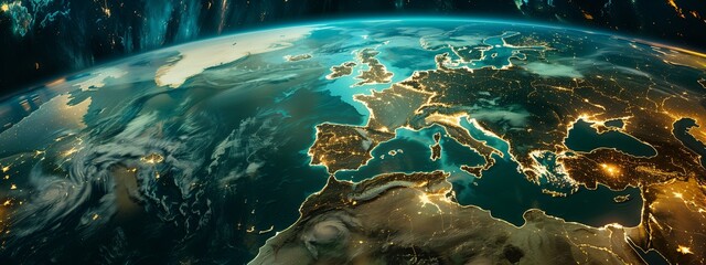 Dazzling lights of European cities shining against the darkness of the Earths night sky from space