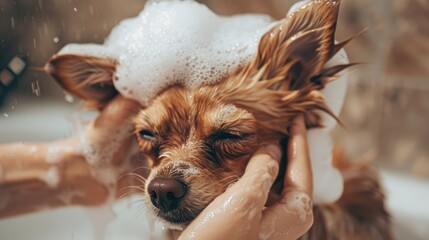 Dog Getting a Bath in a Bathtub - obrazy, fototapety, plakaty
