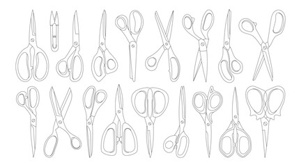 Set of various tailor's scissors for cutting, cutting, grooming in linear style. Vector stock illustration of open and closed scissors. Metal blades
