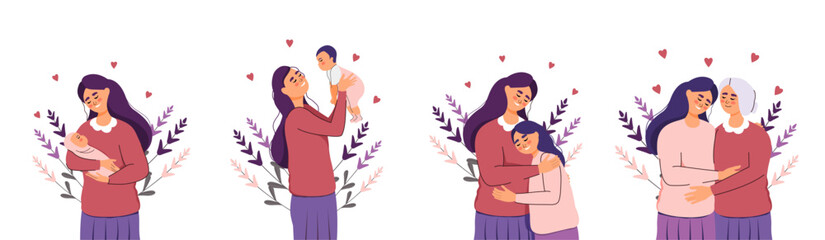 Card in flat trendy style for Mother's Day. Set of generations from birth to old age. A girl, a young man, a child, an elderly woman. Vector illustration. Person. Family and love. Motherhood. Support 