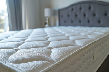 White luxury mattress on bed in bright room. Bedroom interior, comfort sleep, hotel room, travel, vacation concept