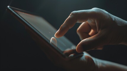 Close up businessman hand presses or touching on screen of digital tablet technology. AI generated