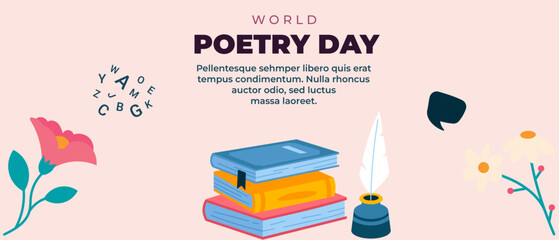 World Poetry Day  horizontal banner template with book , pen, pencil . Vector illustration 