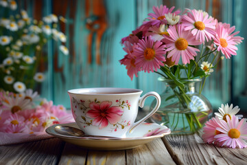 Cup of tea and vase with fresh flowers