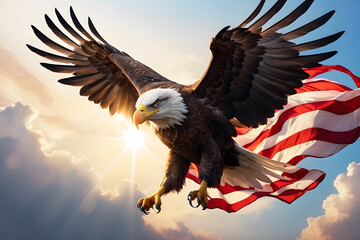Celebrate Independence Day with the powerful image of an eagle soaring through the sky, proudly carrying the American flag, illuminated by the warm glow of sunlight. - Powered by Adobe