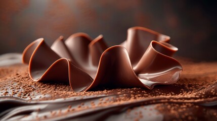 Chocolate swirls with cocoa powder on brown background - obrazy, fototapety, plakaty