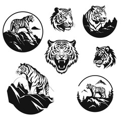 Tiger logo mascot on white background. Vector set.