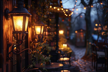 Cafe terrace at the street with vintage lantern lamps