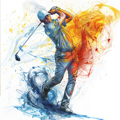 A man in a blue shirt, pants and a hat, swinging a golf club, striking a ball, surrounded by splatters of red, orange, yellow and blue paint. The gofer is isolated on white background. - obrazy, fototapety, plakaty