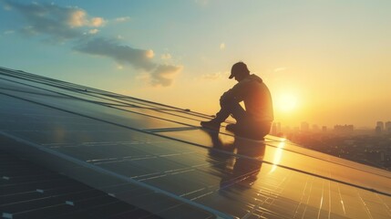 A professional technician installing solar panels energy at roof top at sunset day. AI generated - obrazy, fototapety, plakaty