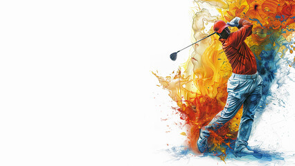 A man in a red shirt, blue pants and a hat, swinging a golf club, striking a ball, surrounded by splatters of red, orange, yellow and blue paint, isolated on white background. Copy space, 16:9