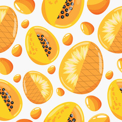 Easter seamless pattern with decorated eggs with yellow pineapple, papaya and yellow eggs for holiday poster, textile or packaging	