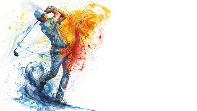 A man in a blue shirt, pants and a hat, swinging a golf club, striking a ball, surrounded by splatters of red, orange, yellow and blue paint, isolated on white background. Copy space, 16:9