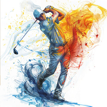 A man in a blue shirt, pants and a hat, swinging a golf club, striking a ball, surrounded by splatters of red, orange, yellow and blue paint. The gofer is isolated on white background.