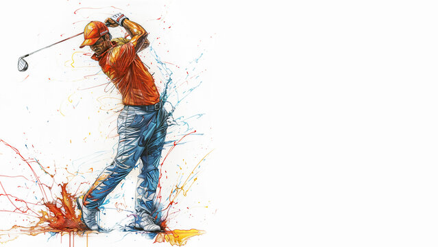 A man in a red shirt, blue pants and a hat, swinging a golf club, striking a ball, surrounded by splatters of red, orange, yellow and blue paint, isolated on white background. Copy space, 16:9