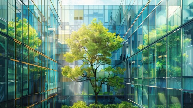 Modern office building exterior with glass wall with green tree environment concept. AI generated image