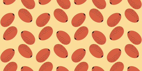 Kiwi Pattern. Summer fruity berry print on a yellow background. Brown hairy skin. Harvest of exotic fruits. Vegan healthy southern food. Farm products. Color image. Doodle style. Vector illustration