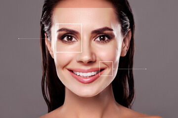 Creative digital virtual collage of lady using augmented reality application for beauty facial...
