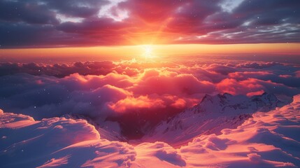   The sun illuminates brilliantly through the cloudless sky over a snowy mountain range during midnight - obrazy, fototapety, plakaty