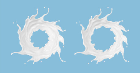 Milk circle splashes isolated on blue background. Natural dairy product, yogurt or cream splash with flying drops. Realistic Vector illustration
