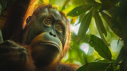 Bornean rainforest orangutan  canopy view with expressive face, warm light, vivid colors