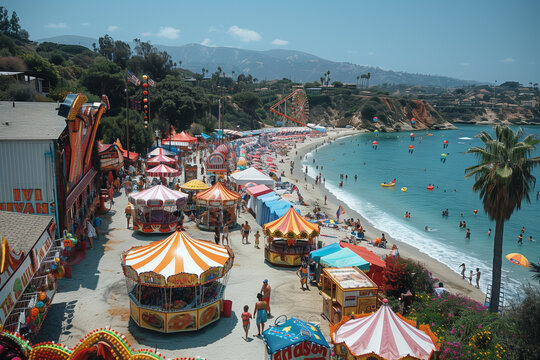 Bustling Beachfront With Amusement Rides and Crowds
