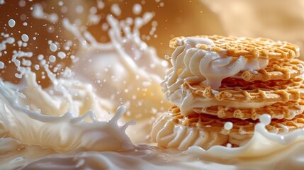 close up of a stack of cookies falling into a milk splash.